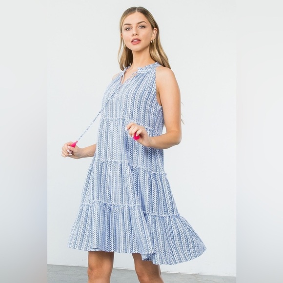THML Geometric Tiered Ruffle Tassel Dress - Blue/White - Size Small - NWT - Picture 2 of 12